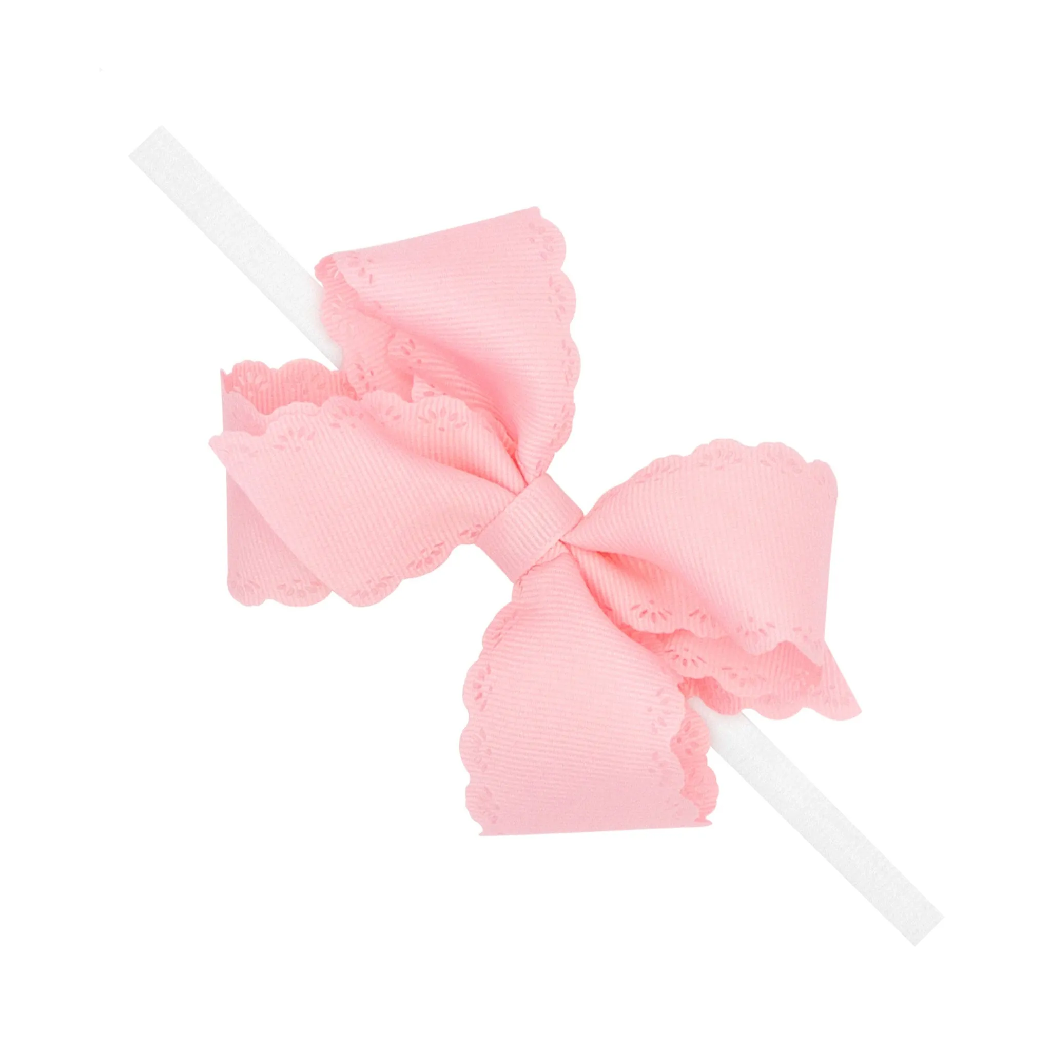 Small Grosgrain Hair Bow with Embossed Eyelet Edge on White Nylon Band