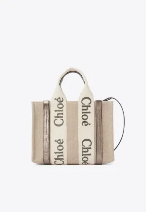 Small Woody Leather and Linen Tote Bag
