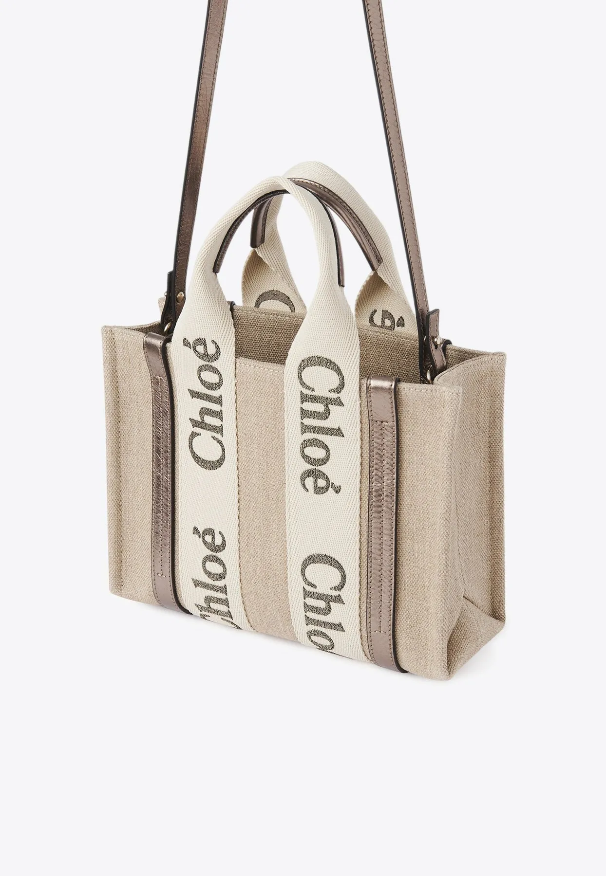 Small Woody Leather and Linen Tote Bag