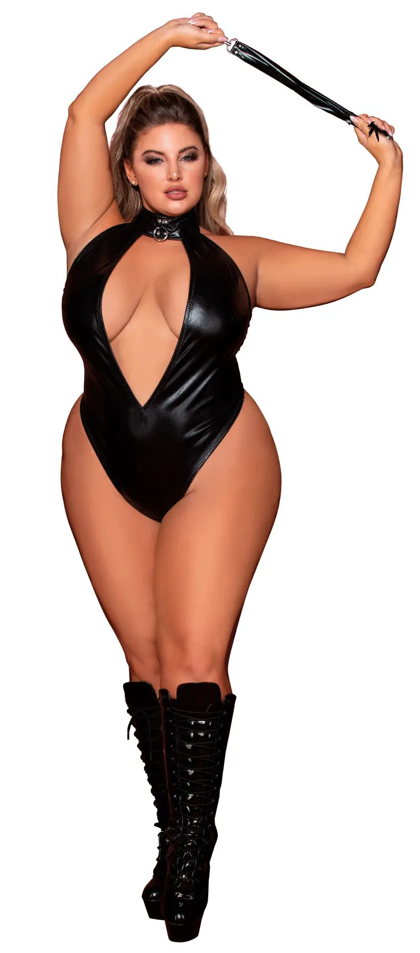 Stretch Faux-Leather Halter Teddy Set Curvy Size