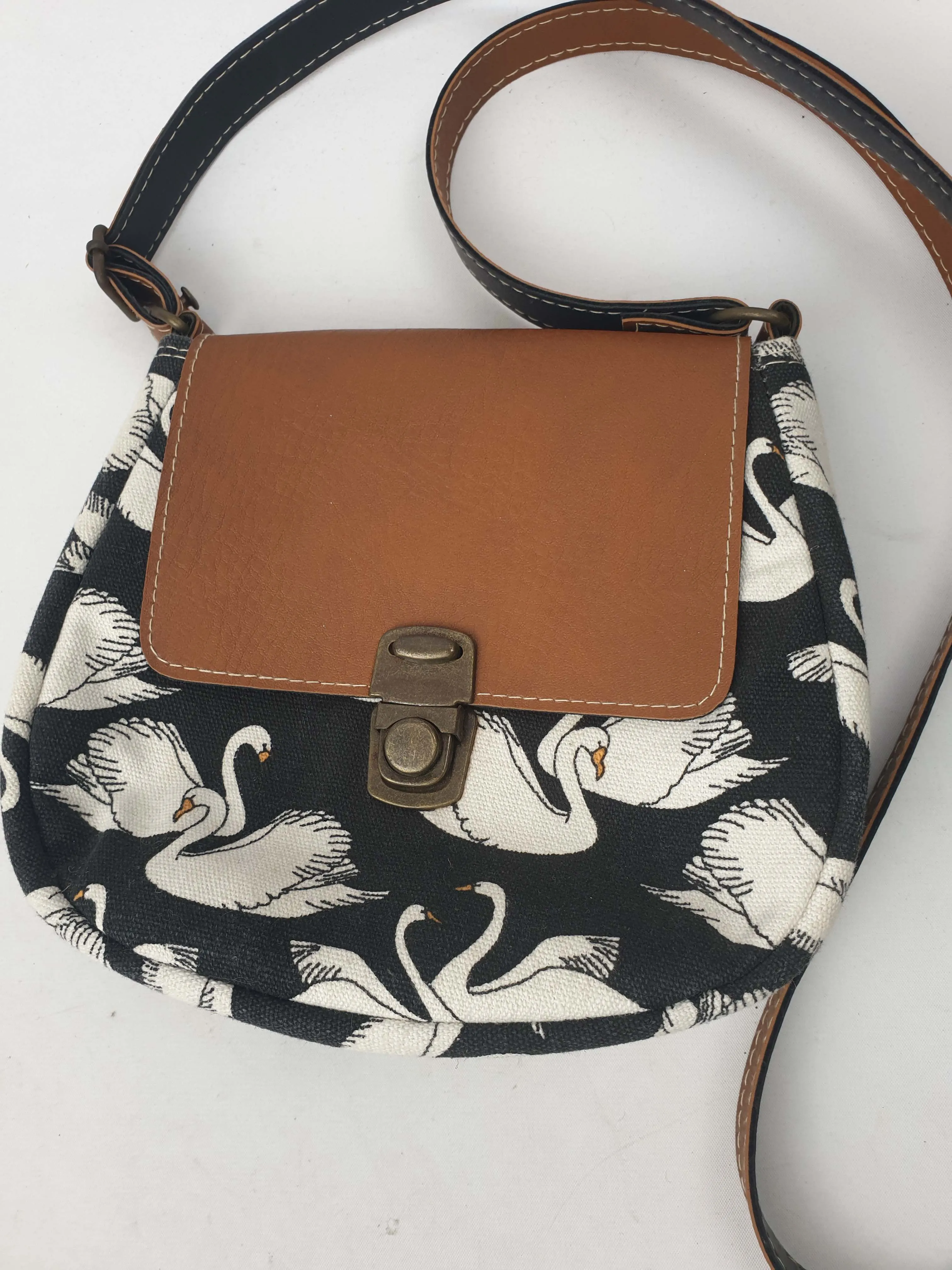 Swan print faux leather cross body bag