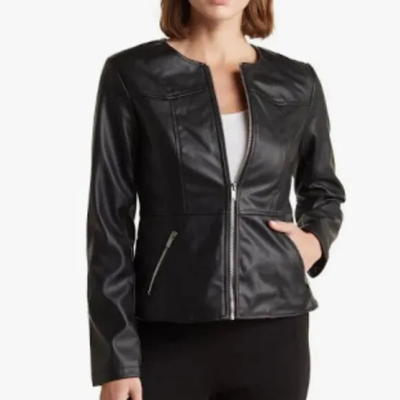 Tahari Faux Leather Black Jacket Machine Washable Size 4 NWOT