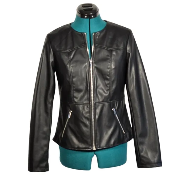 Tahari Faux Leather Black Jacket Machine Washable Size 4 NWOT