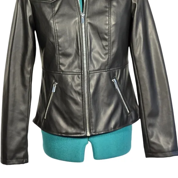 Tahari Faux Leather Black Jacket Machine Washable Size 4 NWOT