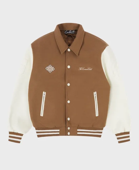 The Couture Club Emblem Chenille Varsity Jacket Beige