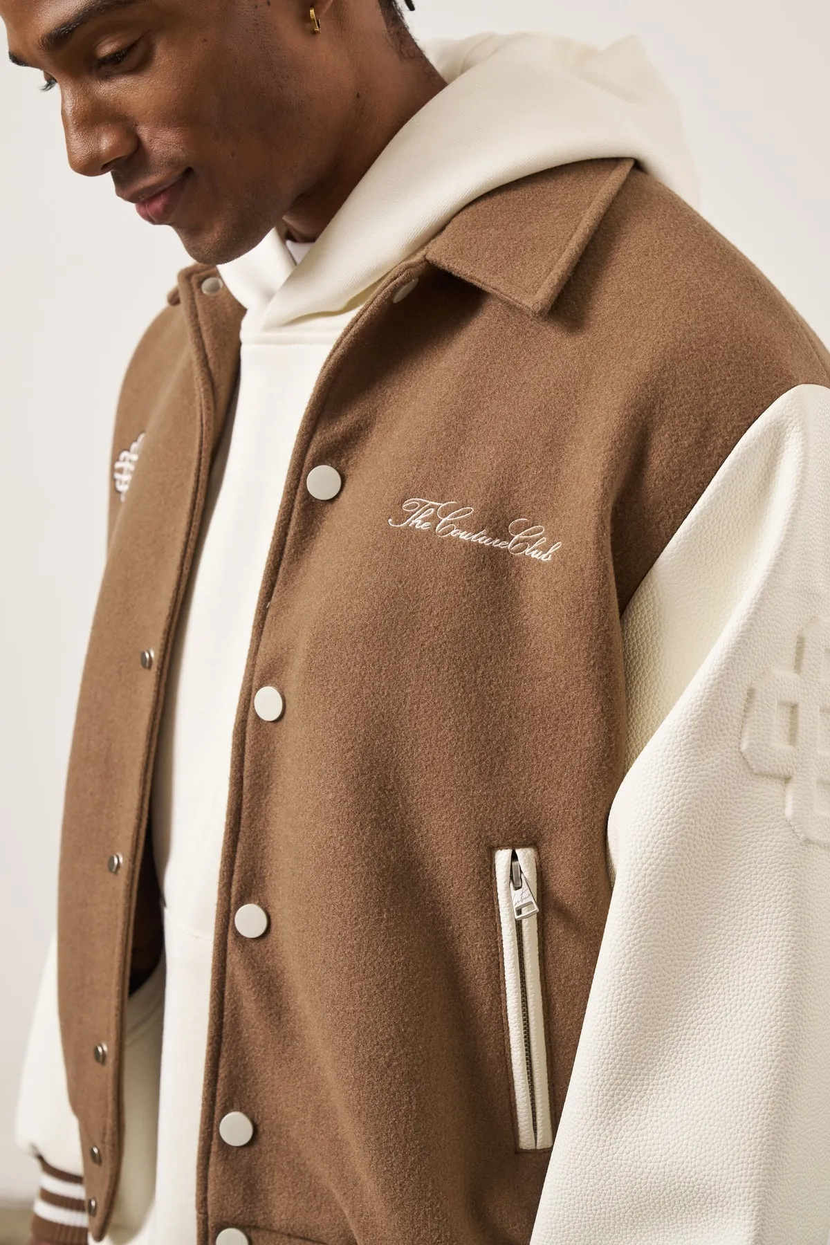 The Couture Club Emblem Chenille Varsity Jacket Beige