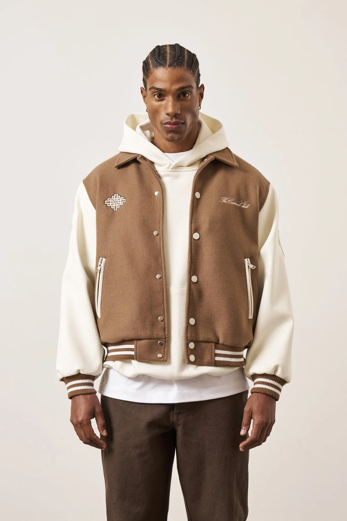 The Couture Club Emblem Chenille Varsity Jacket Beige