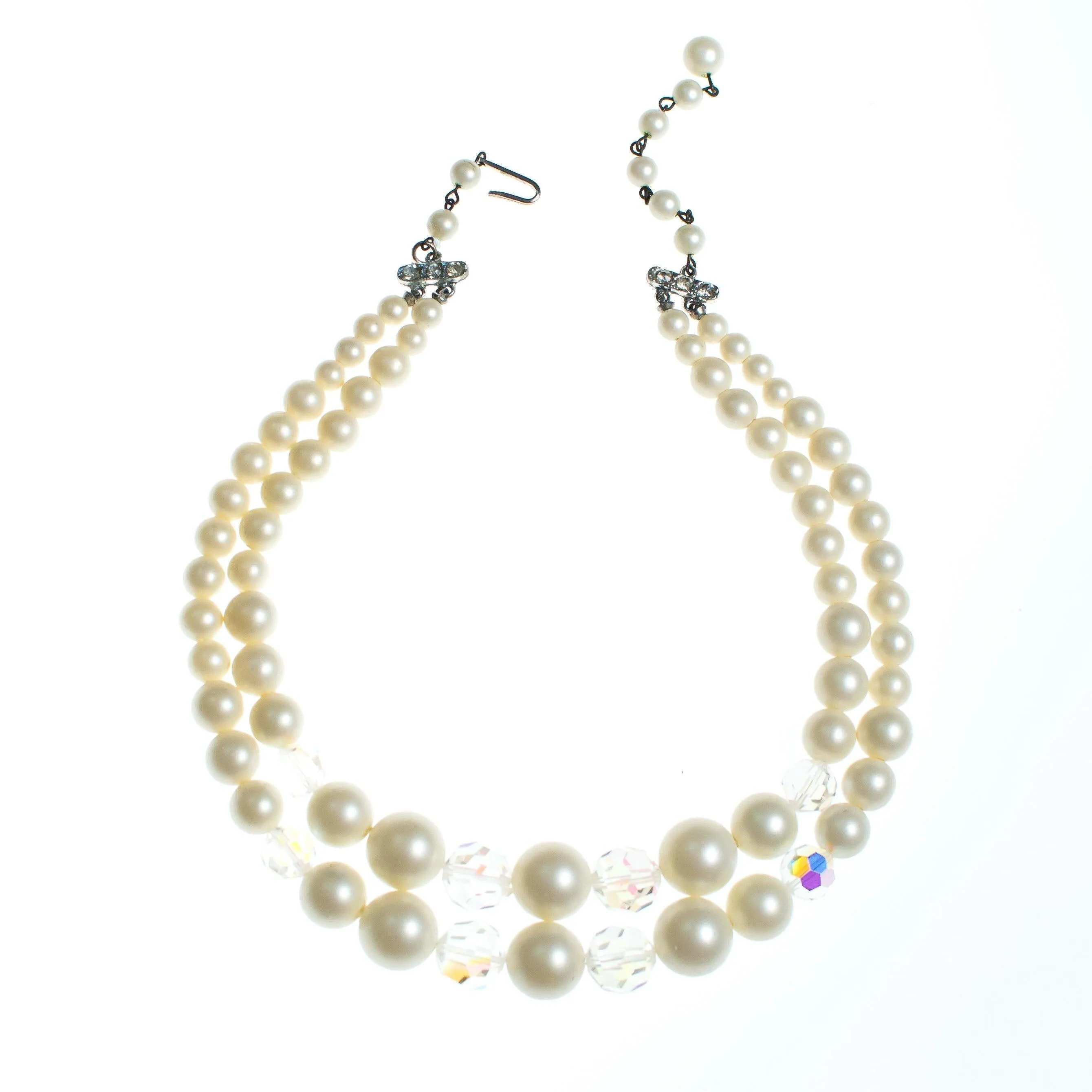 Vintage 1950s Double Strand Pearl and Aurora Borealis Beaded Necklace
