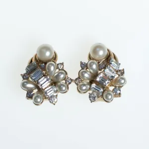 Vintage Hollycraft Earrings, Faux Pearls, Diamante Crystals, Gold Tone Setting, Clip-on