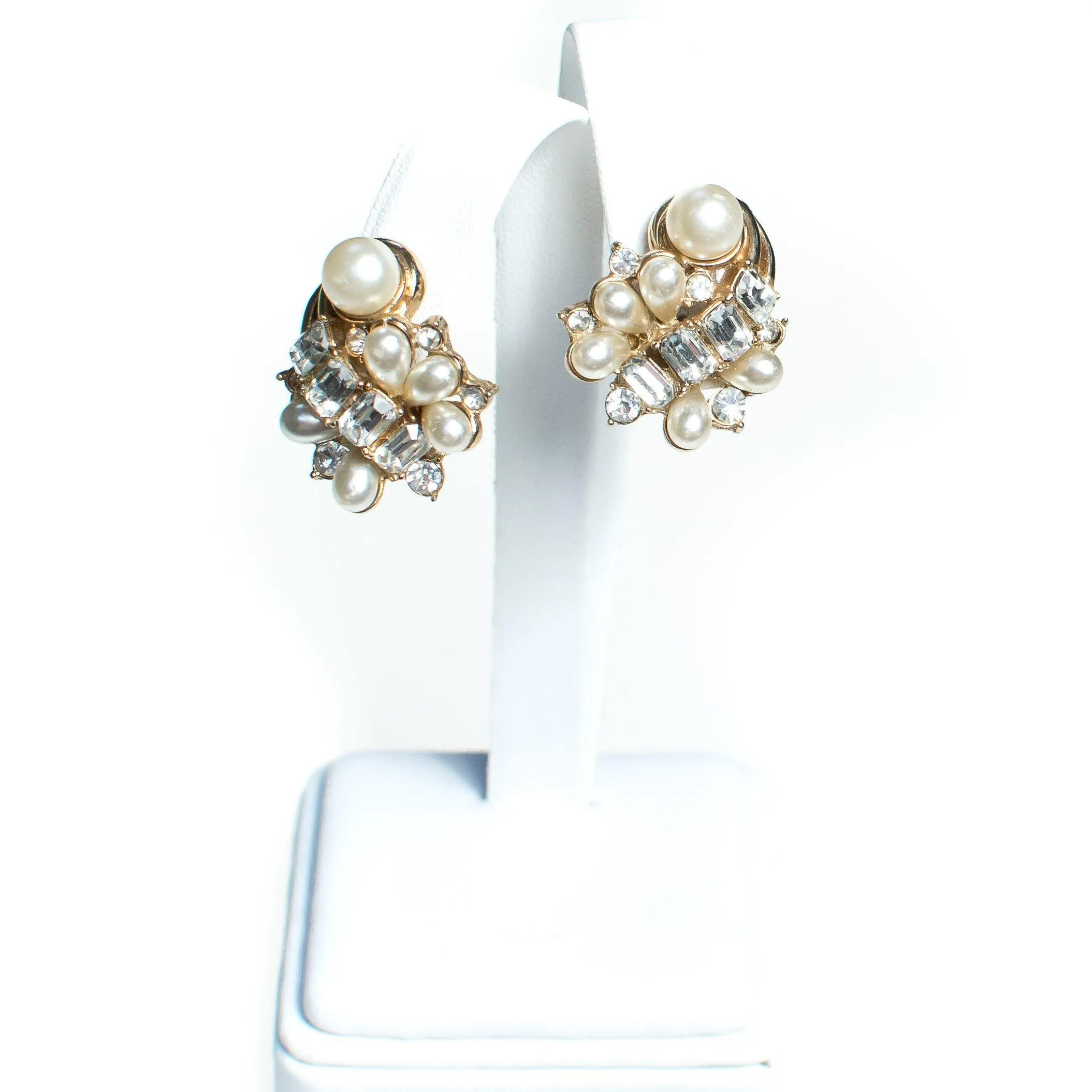 Vintage Hollycraft Earrings, Faux Pearls, Diamante Crystals, Gold Tone Setting, Clip-on