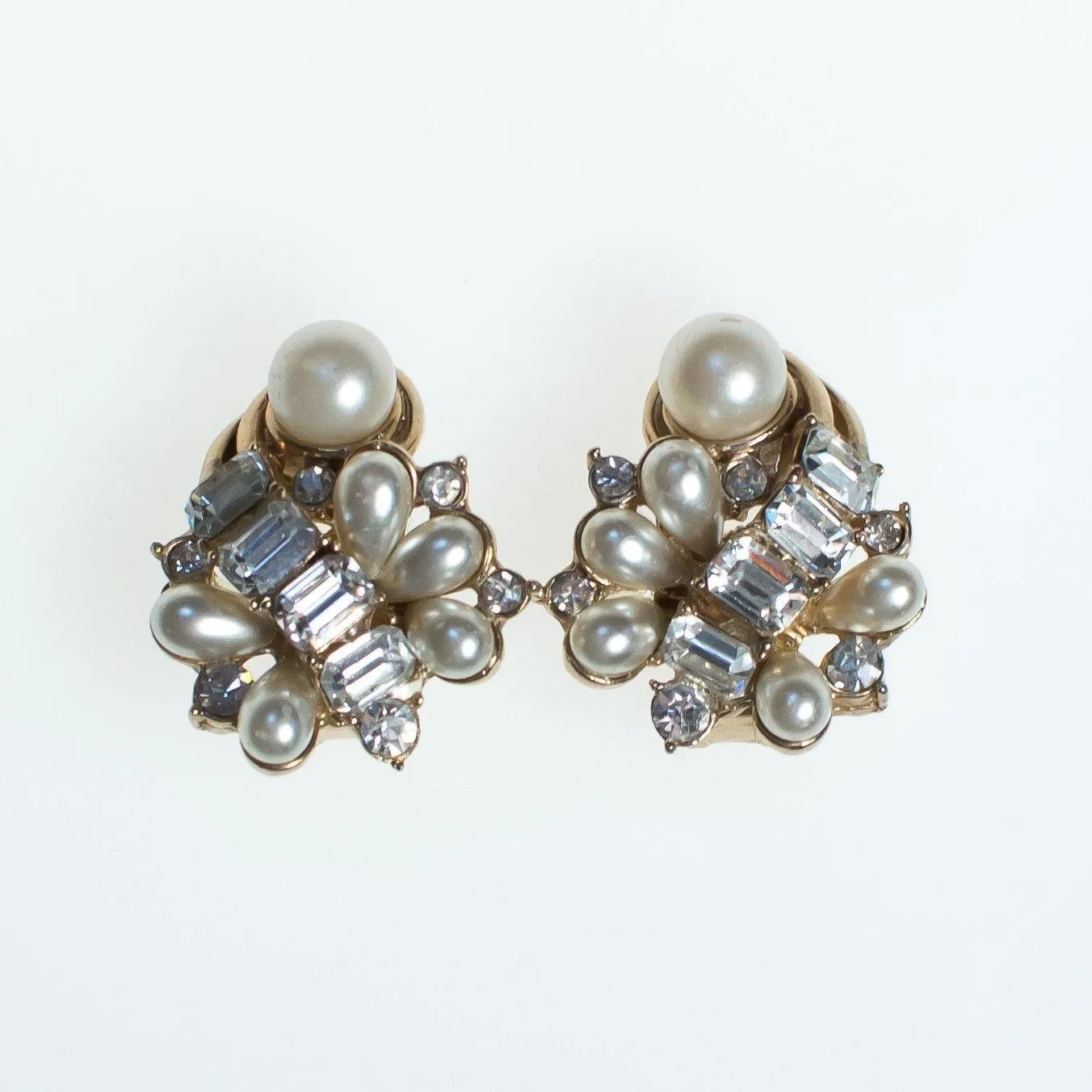 Vintage Hollycraft Earrings, Faux Pearls, Diamante Crystals, Gold Tone Setting, Clip-on