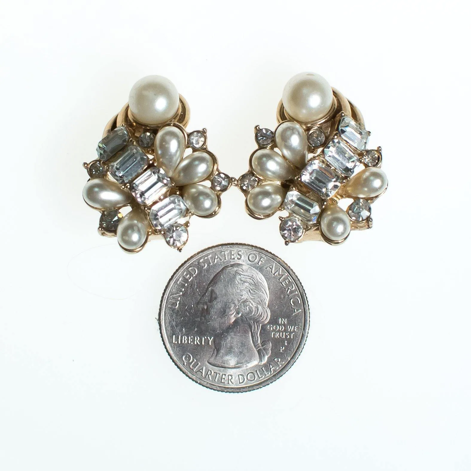 Vintage Hollycraft Earrings, Faux Pearls, Diamante Crystals, Gold Tone Setting, Clip-on
